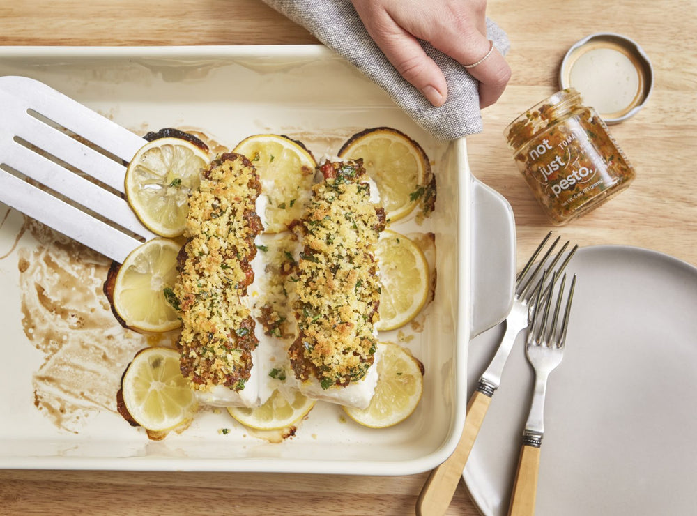 Fish with Herby Breadcrumbs and Not Just Tomato Pesto