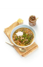 White Bean Soup with Broccoli Rabe and Tomato Pesto
